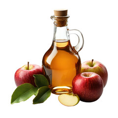Bottle of fresh apple juice, glass and apples on transparent background isolated.