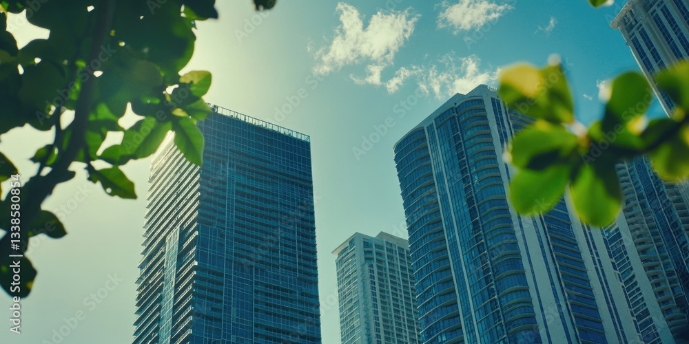 Poster a group of tall buildings in a city, suitable for use in urban planning or architecture projects