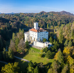 Amazing autumn view of majestic old castle and lake of Trakoscan in Zagorje, northern Croatia