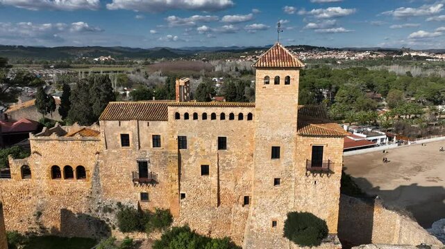 Aerial view of Tamarit Castle on Costa Daurada in Spain, near Tarragona, Costa Dorada, Catalonia. Historic Tamarit castle on Costa Dorada Meditarrenian coast, Spain
