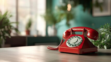 Red rotary phone on a wooden table in a home office, surrounded by plants and natural light.