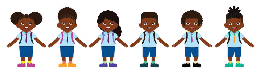African American School Kids in Flat Style, happy, back to school, or for design elements