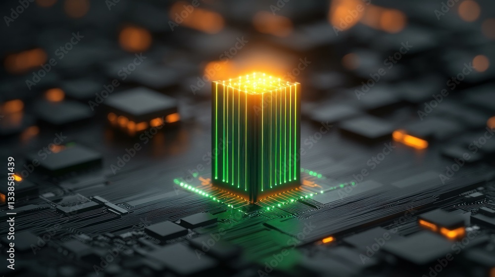 Poster Futuristic Green and Orange Illuminated CPU on Circuit Board Abstract Technology Concept