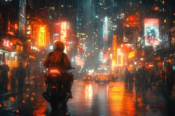 A person rides a motorcycle through a neon lit city street