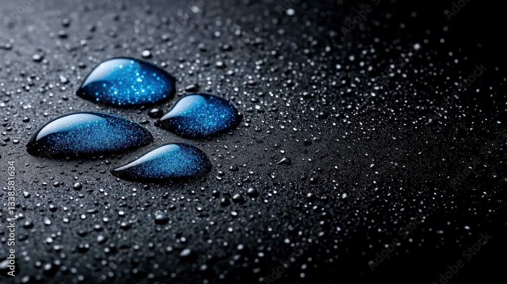 Poster Stunning Macro Shot of Blue Water Drops on Dark Surface Sparkling with Inner Light Abstract Nature Background Image