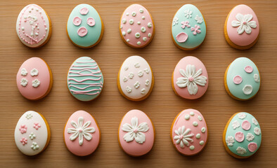 Decorated Easter Egg Shaped Sugar Cookies on Wooden Surface Top View
