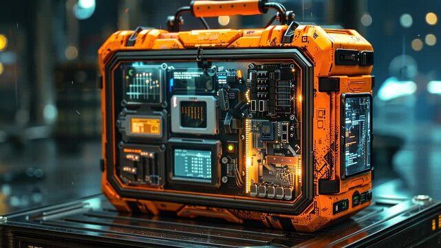 Futuristic Orange Tech Briefcase: A Cyberpunk Gadget