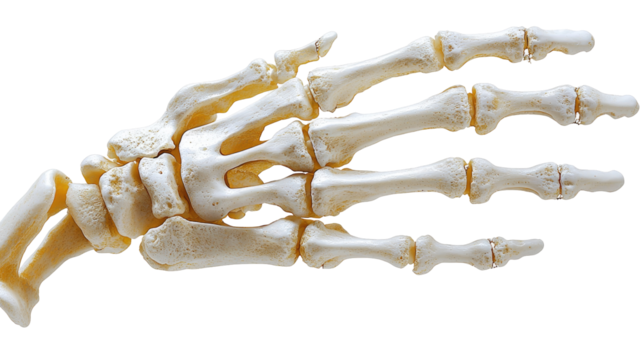 A white skeleton hand isolated on transparent background