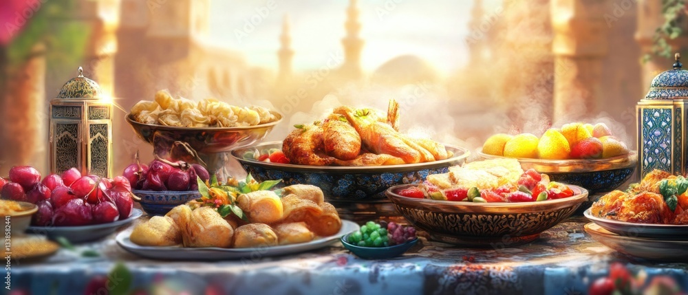 Poster A table with various types of food arranged on it
