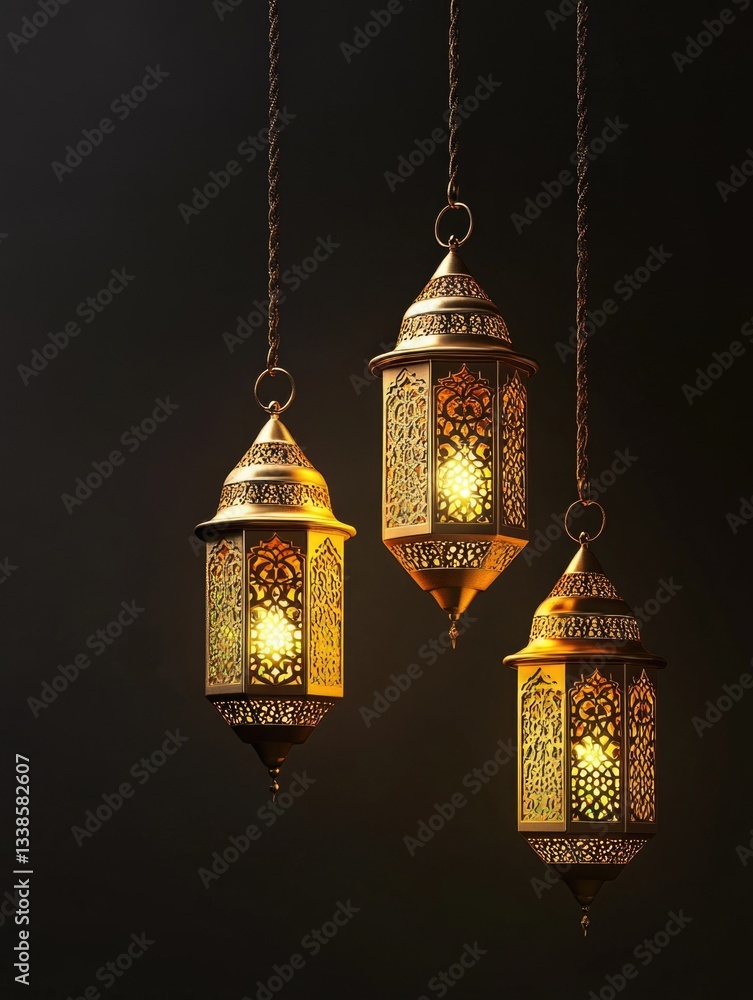 Poster Three lit lanterns suspended in a dark space, ideal for use as a decorative element or to add ambiance to a scene