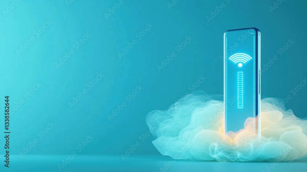 Poster Smartphone displaying strong wireless signal strength indicator on vibrant blue background with cloud computing abstract digital concept
