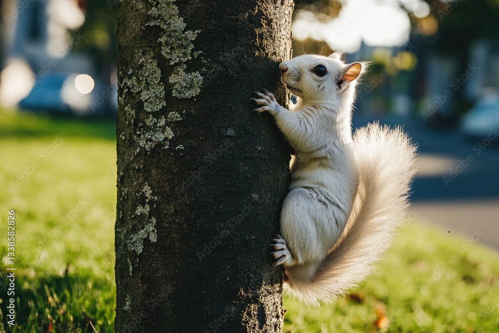 Poster A close-up shot of a white squirrel scaling a tree trunk, with leaves and branches in the background