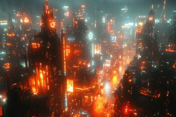 Obraz premium A futuristic cityscape illuminated by neon lights during a downpour