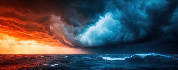 Fototapeta premium Beach waves landscapes concept. Dramatic sky over ocean capturing contrasting colors and powerful stormy waves.