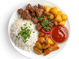 A plate of Brazilian wellness food with rice, meat, and potatoes on a white background.