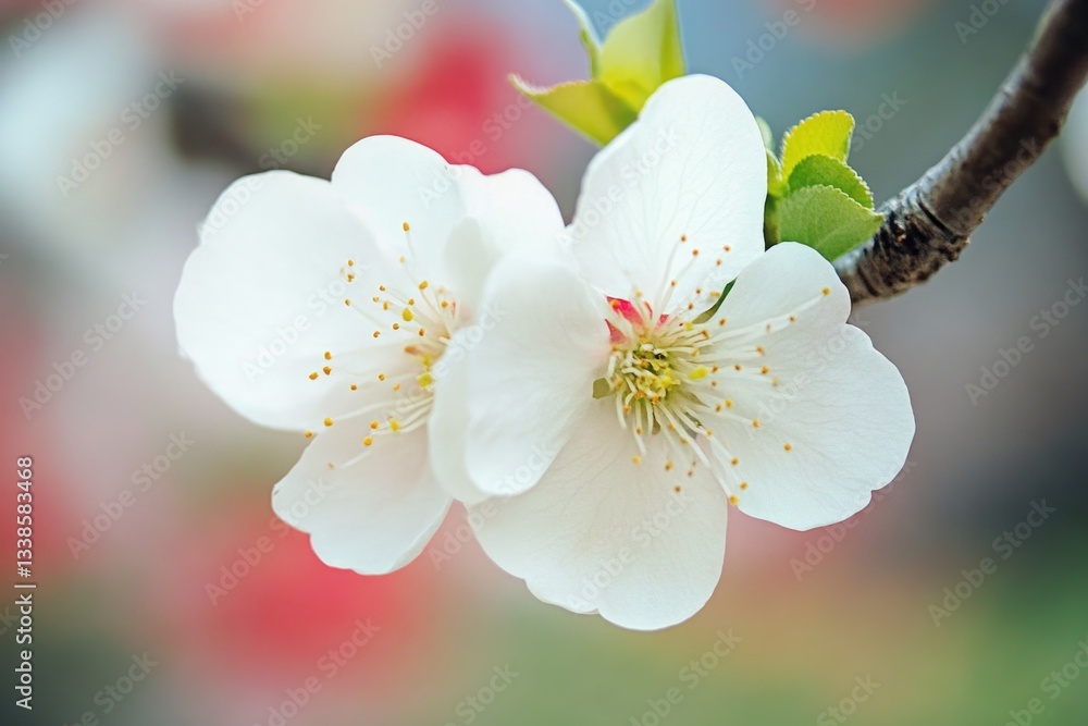 Poster close-up shot of a single white flower on a tree branch, ideal for use in nature-inspired designs an