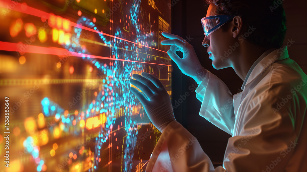 Poster This scientist engages with a digital interface showing genetic data and graphics.