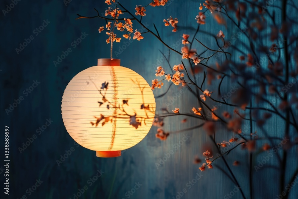 Poster a white paper lantern hangs from a tree branch