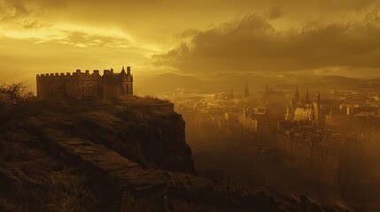 Obraz premium Majestic Castle Ruins and Scenic Cityscape under Golden Sky