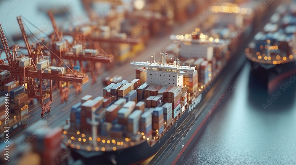Poster a container ship docked in a busy port, surrounded by cargo cranes and other vessels