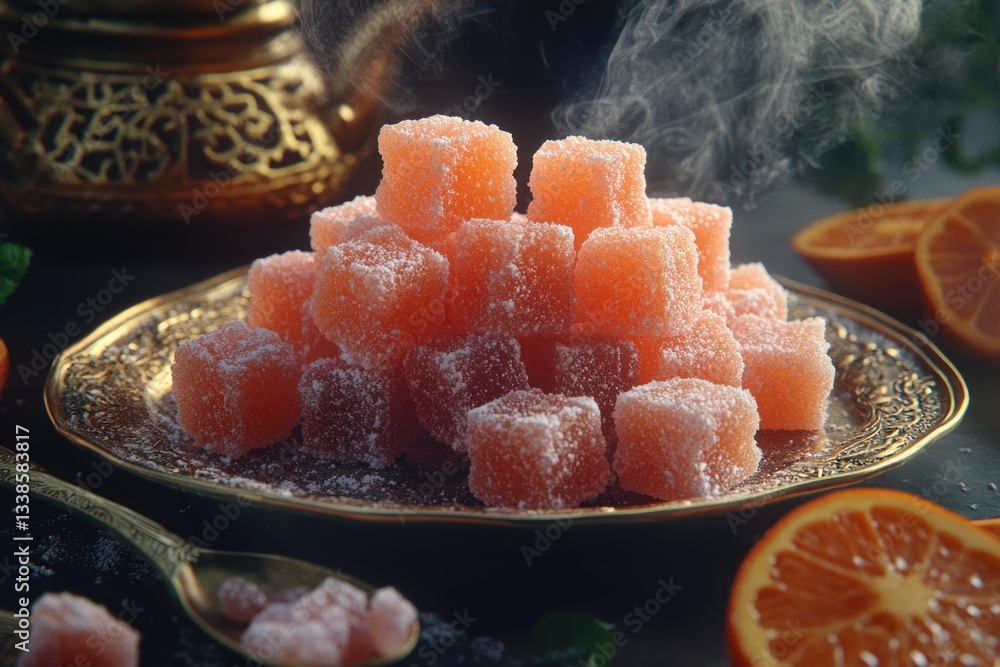 Poster freshly sugared oranges arranged on a plate for serving or display