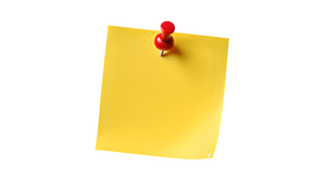 Yellow Sticky Post-it Note with Red Pushpin Isolated on Transparent Background

