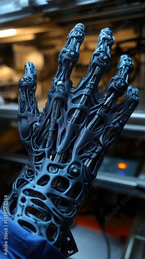 Poster Futuristic Robotic Hand with Intricate Mechanical Details and Advanced Engineering in a Modern Setting Close Up View