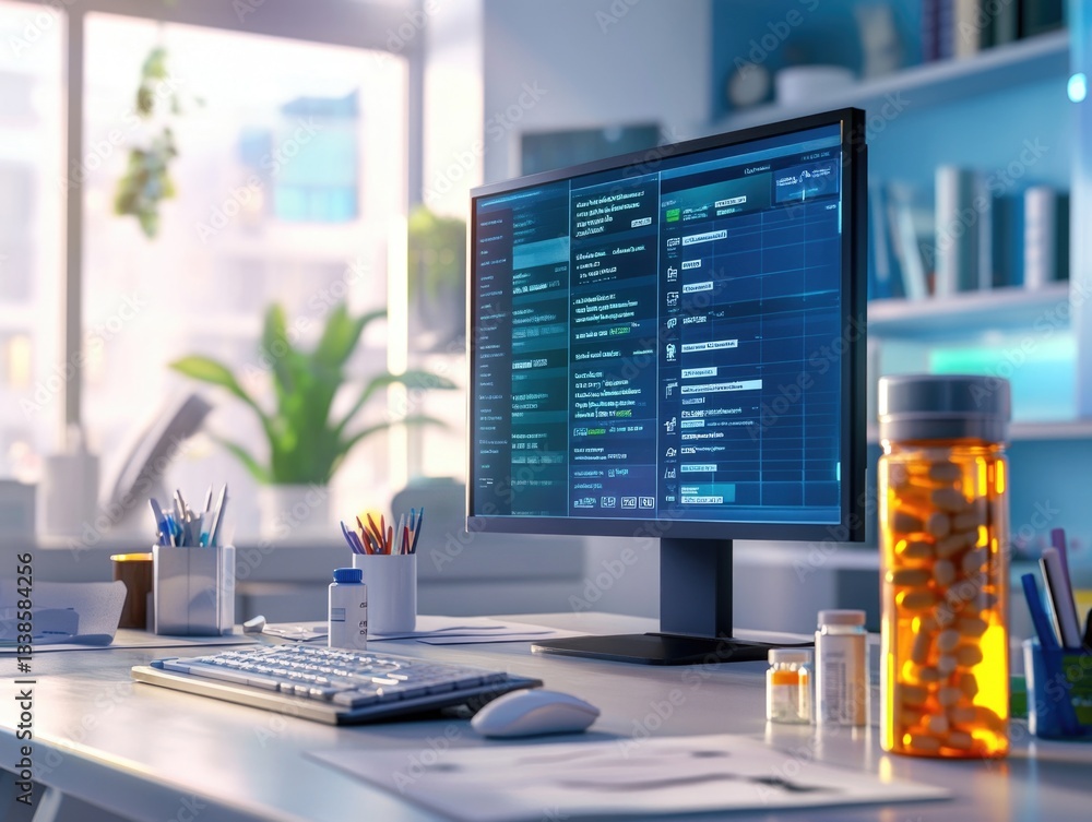 Poster A computer monitor sitting on a desk, ready for use