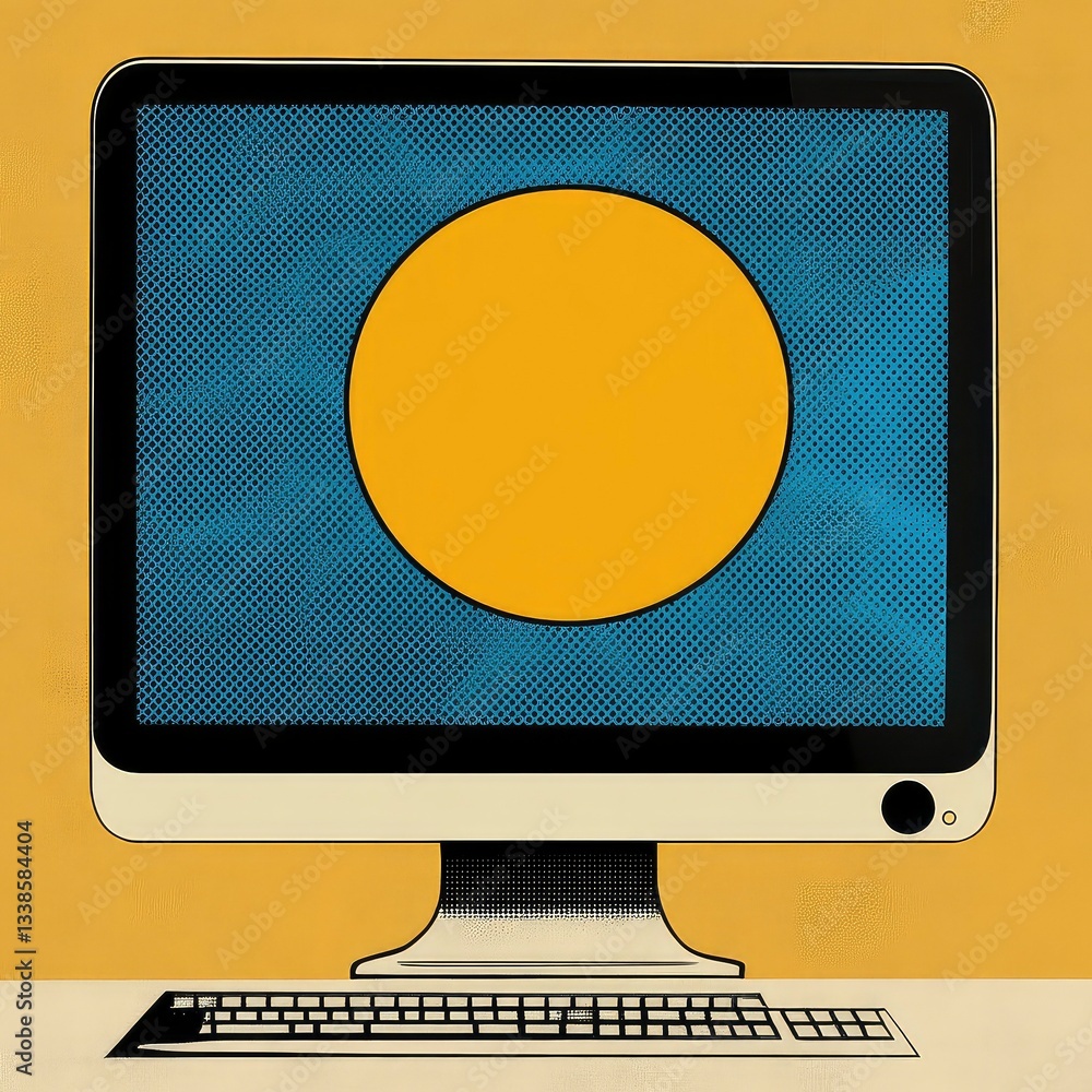 Poster retro computer monitor displaying a large yellow circle on a blue screen with halftone texture.