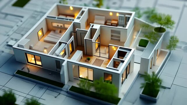 Architectural Model: A 3D House Design on Blueprint