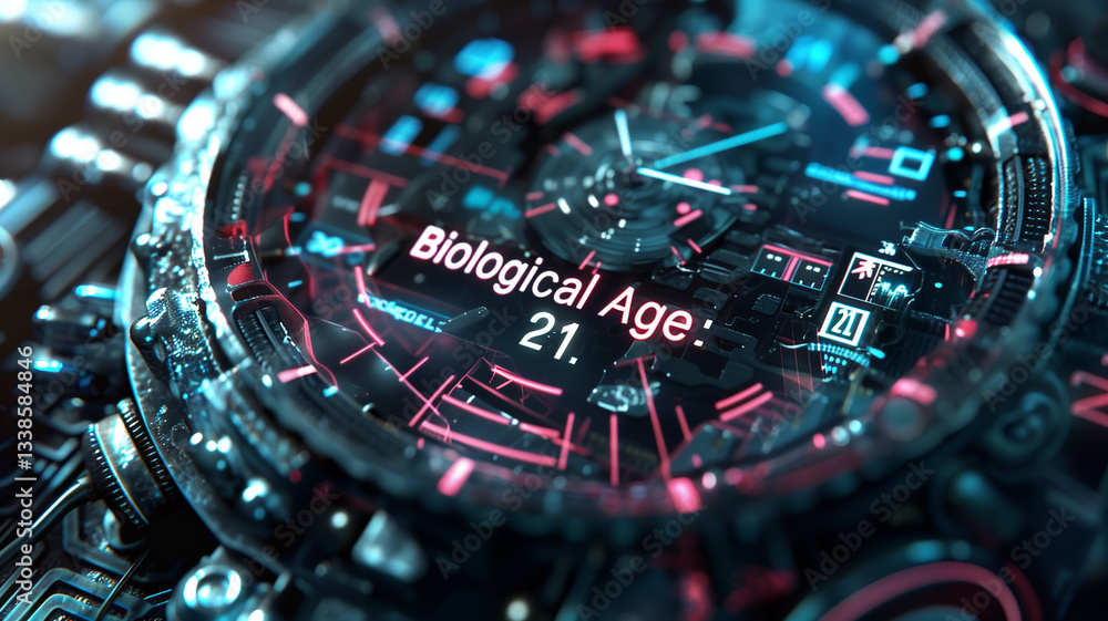 Poster this futuristic display shows a biological age of 21 through advanced genetic technologies.