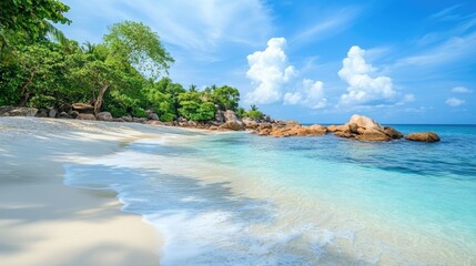 Obraz premium Tranquil Beach with Clear Water and Lush Greenery Under Blue Sky