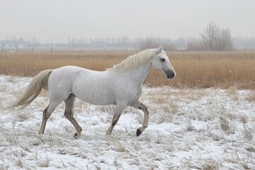 Fototapeta premium Majestic white horse trotting through snowy field winter landscape serene scene graceful animal in nature cold weather outdoor photography
