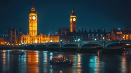 Obraz premium Illuminated Big Ben and Houses of Parliament at Night Over Thames River