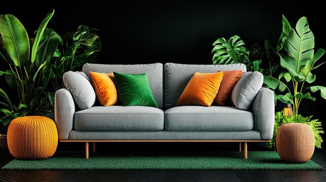 Modern living room interior design with grey sofa orange and green cushions and lush tropical plants Stylish home decor