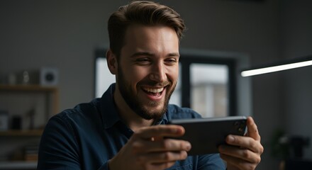 Gamer's Joy: A young man engrossed in a mobile game, his face alight with happiness and excitement. Captured in a candid moment of leisure.