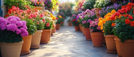 Captivating flower pots with vibrant blossoms lining a stone path in a sunlit garden creating a colorful floral display