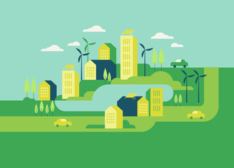 Vector flat illustration eco city landscape with green hills, lake, trees, solar panels and wind turbines. Modern city with eco energy