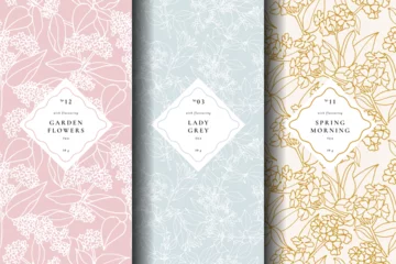Selbstklebende Fototapeten A collection of seamless vector patterns featuring intricate floral designs, perfect for enhancing tea packaging aesthetics. These patterns are ideal for various tea products, adding a touch of elegan © oxygen_8