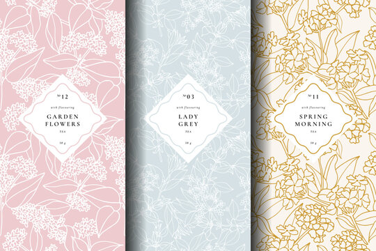A collection of seamless vector patterns featuring intricate floral designs, perfect for enhancing tea packaging aesthetics. These patterns are ideal for various tea products, adding a touch of elegan