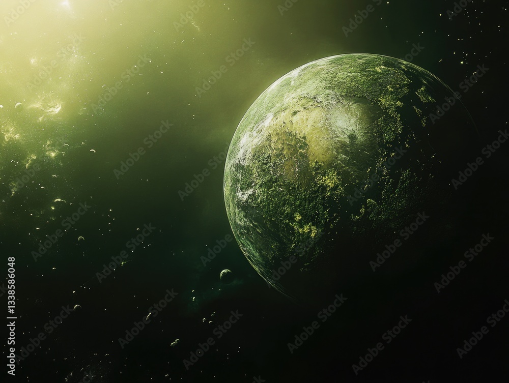 Aufkleber A green planet floating in space surrounded by stars, suitable for use as an otherworldly background or sci-fi concept art