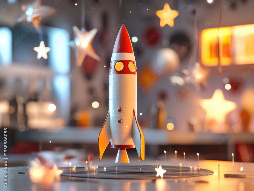 Poster a scale model of a space rocket sitting on a table, perfect for science or technology illustrations