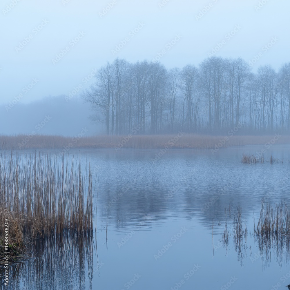 Poster ethereal lake scenery with reeds and trees shrouded in dense fog creating a serene and tranquil atmo