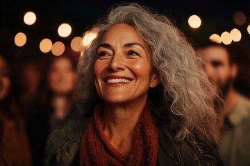 Joyful woman with curly gray hair enjoys the atmosphere at an evening outdoor event surrounded by warm lights