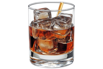 Glass of whiskey with ice cubes and straw on a table