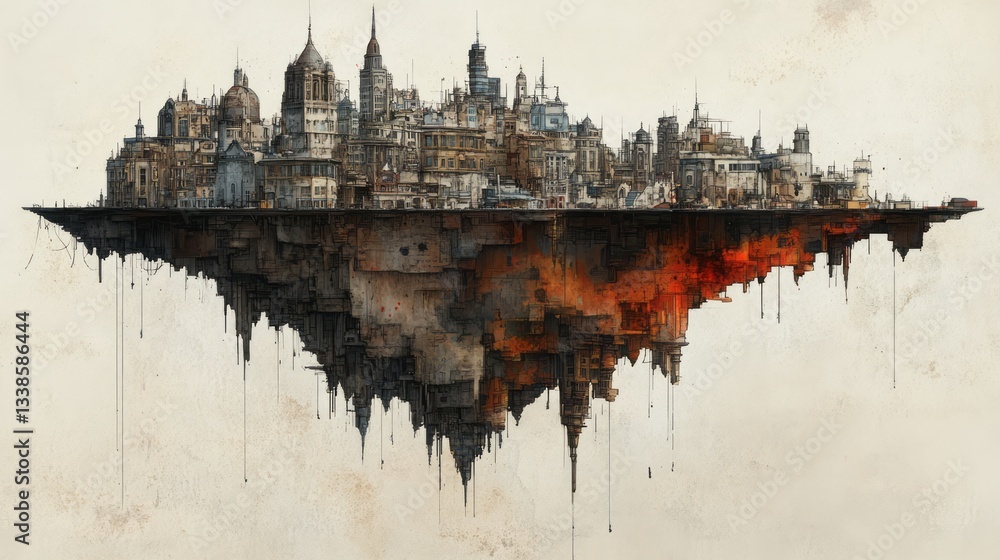 Poster floating city with detailed architecture and implied steampunk elements