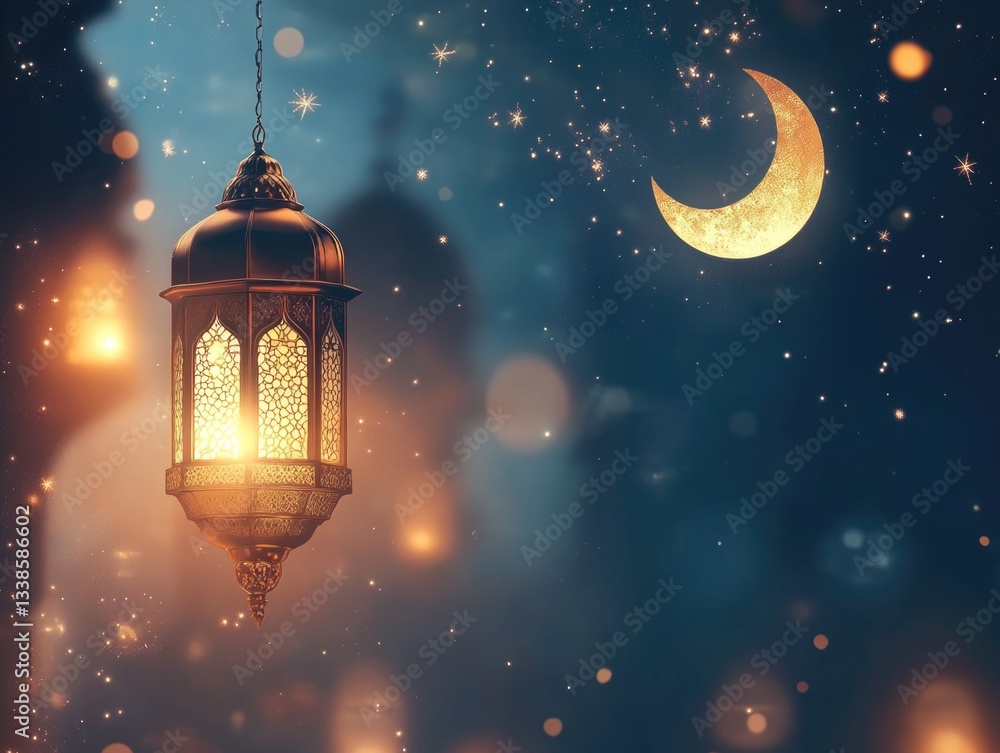 Poster A lantern hangs from a string against a bright moonlit sky