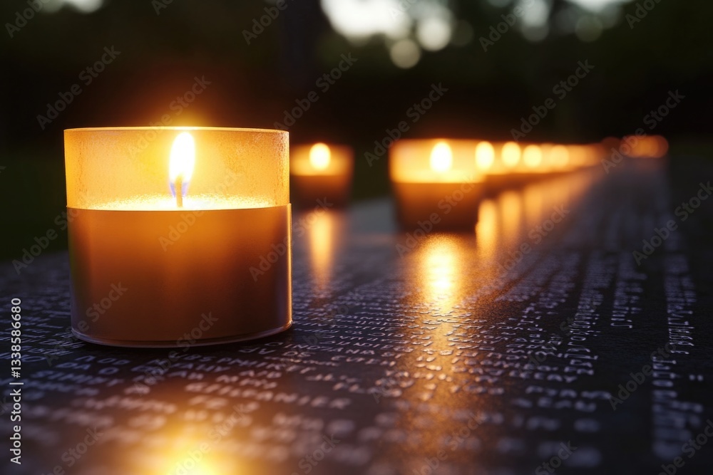 Poster a row of lit candles sitting on top of a table