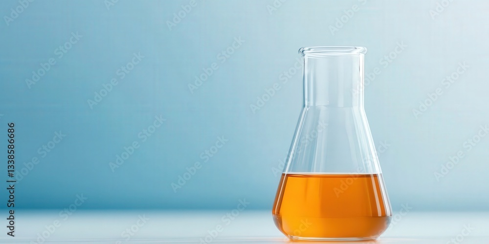 Aufkleber science performance experiment results concept. laboratory flask with orange liquid against a light 