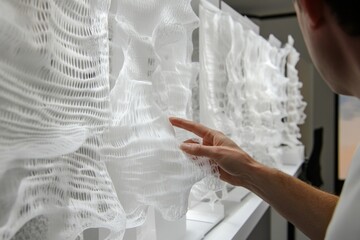 Visitors explore intricate 3D-printed art installations at a contemporary gallery during an open exhibition in early afternoon